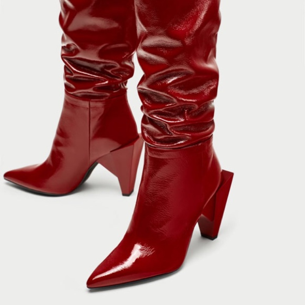 SOLD! NWT Zara Red Patent Leather Knee High Boots - Picture 4 of 8